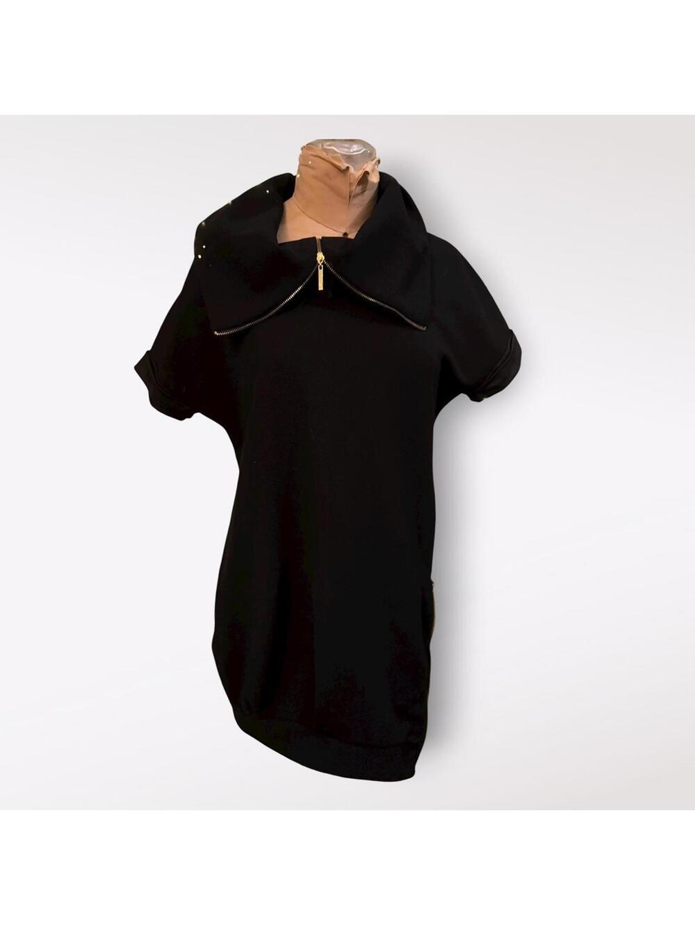 Black Zip-Up Collar Shirt Dress. Made in Italy
